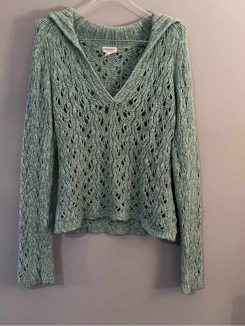 Vintage American Eagle Light Teal Open-Knit V-Neck Angora Blend Sweater